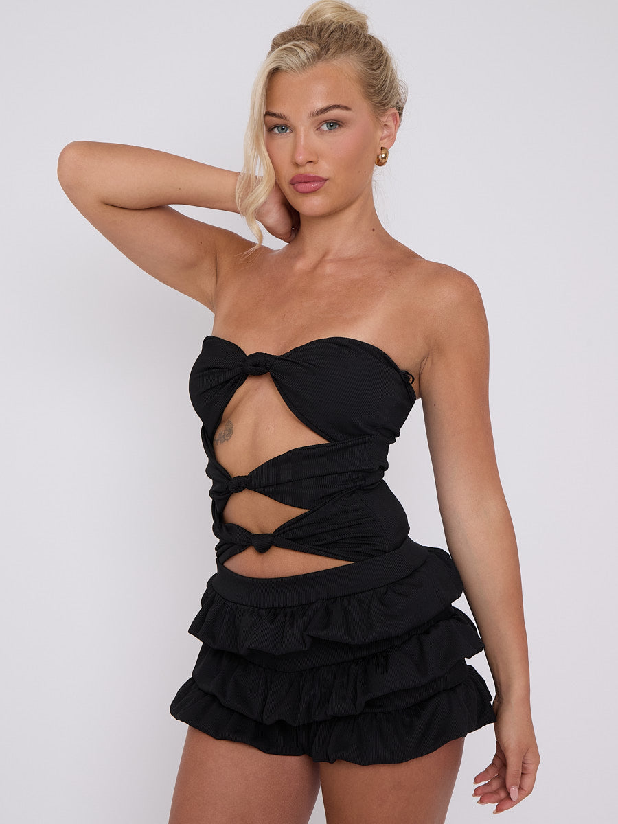 Ruffle Skirt Skort & Cut Out Knot Front Bandeau Bodysuit Co-ord