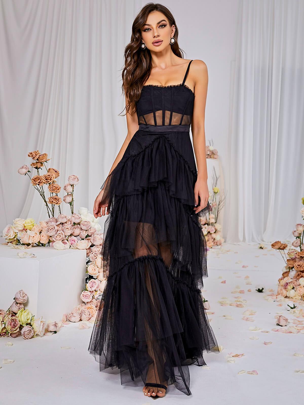 Inaya Mesh Maxi Dress In Black