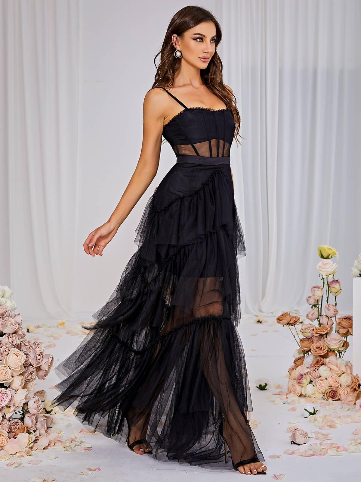 Inaya Mesh Maxi Dress In Black