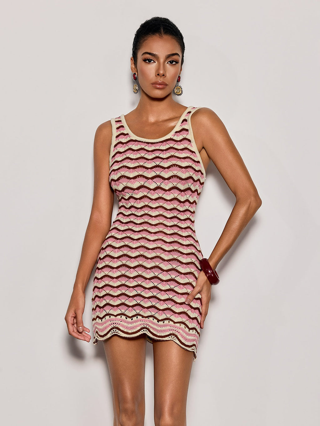 Istren U Neck Knit Stripe Mini Dress