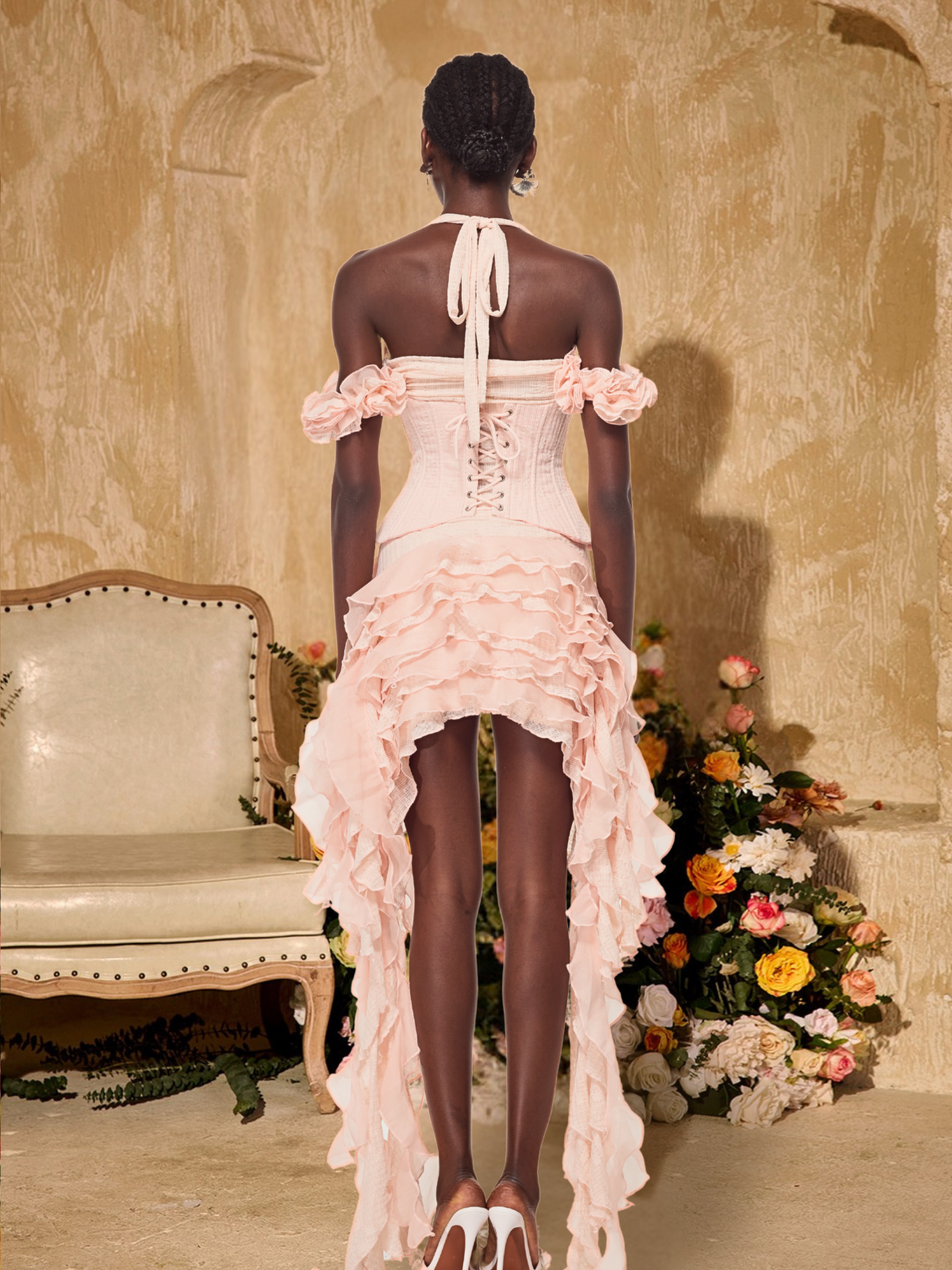 Ivria Halterneck Ruffled Draped Dress