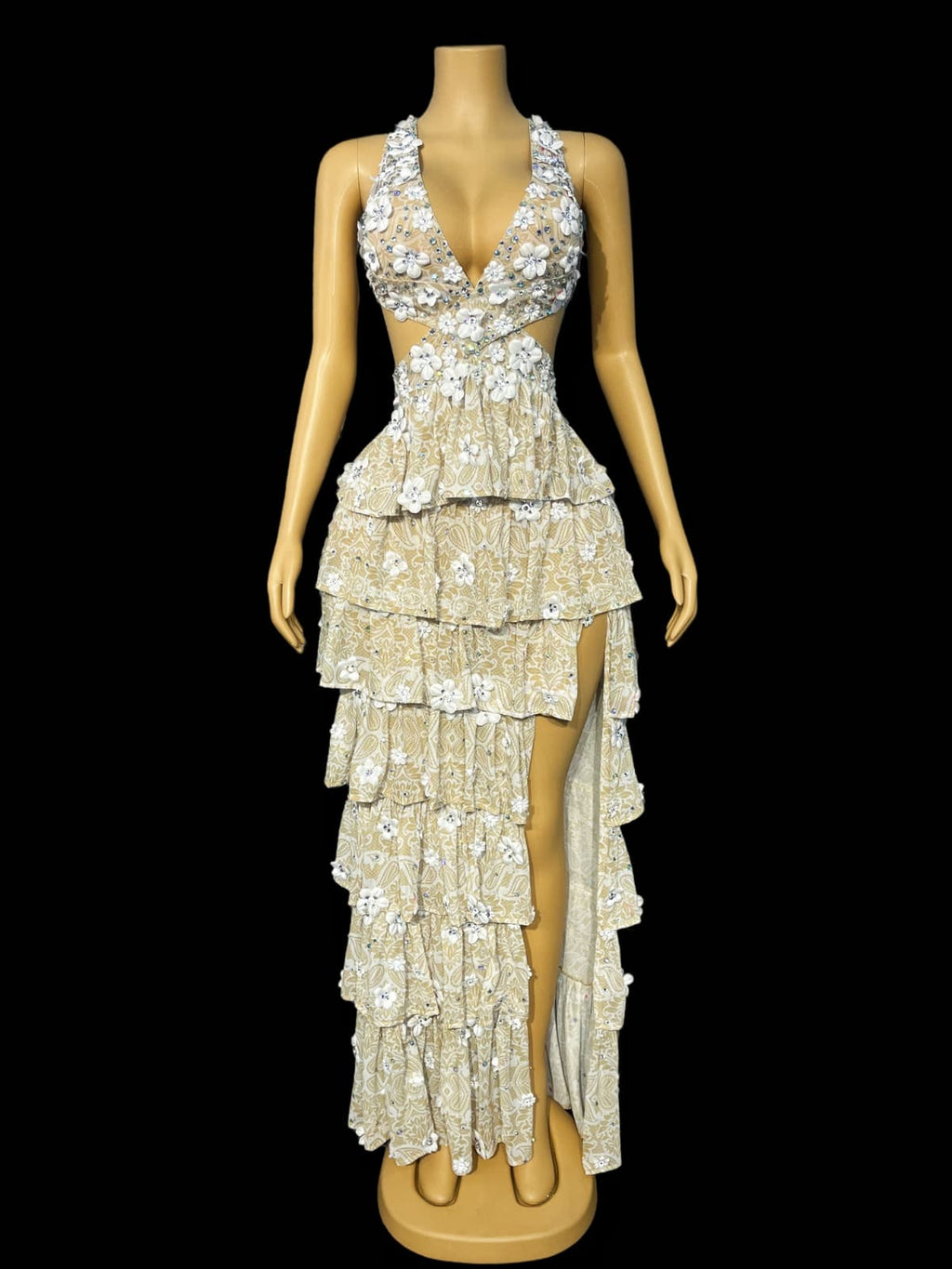 Jaelin Cutout Rhinestone Flower Split Maxi Dress