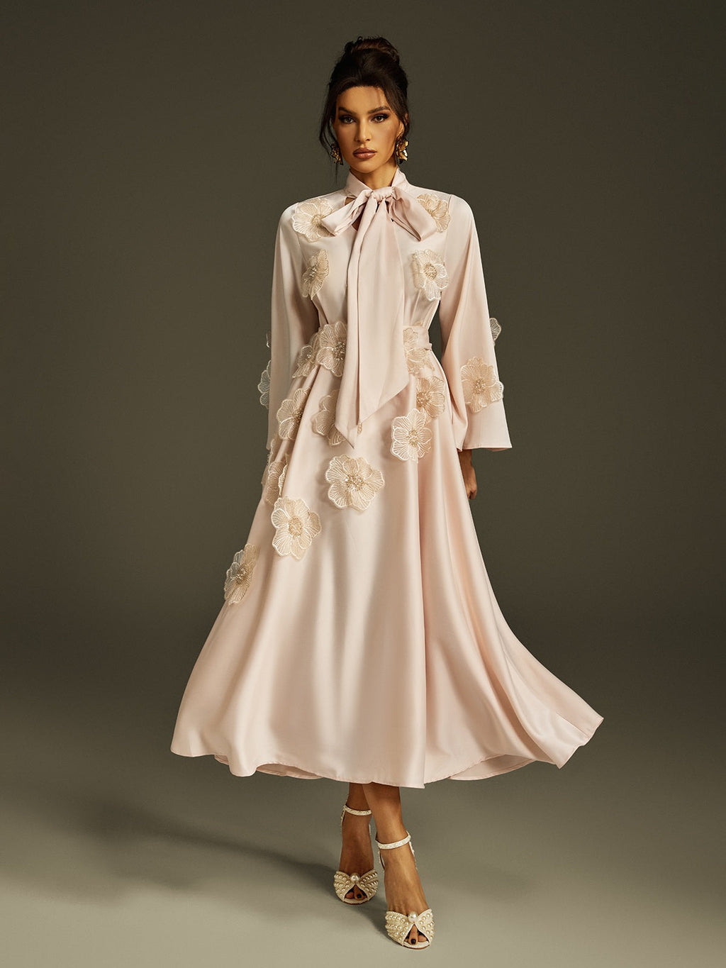 Jaldrix Tie Up Flower Satin Maxi Dress In Apricot