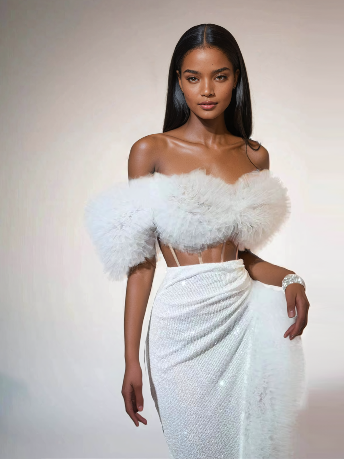 Jalynne Corset Tulle Trimmed Sequin Skirt Set In White