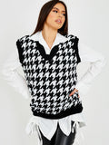Dogtooth V-Neck Sleeveless Knitted Jumper