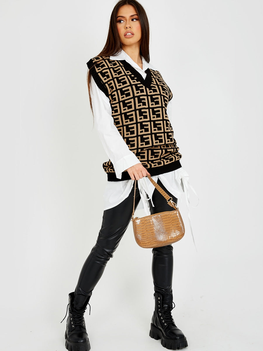 Geo Print V-Neck Sleeveless Knitted Jumper