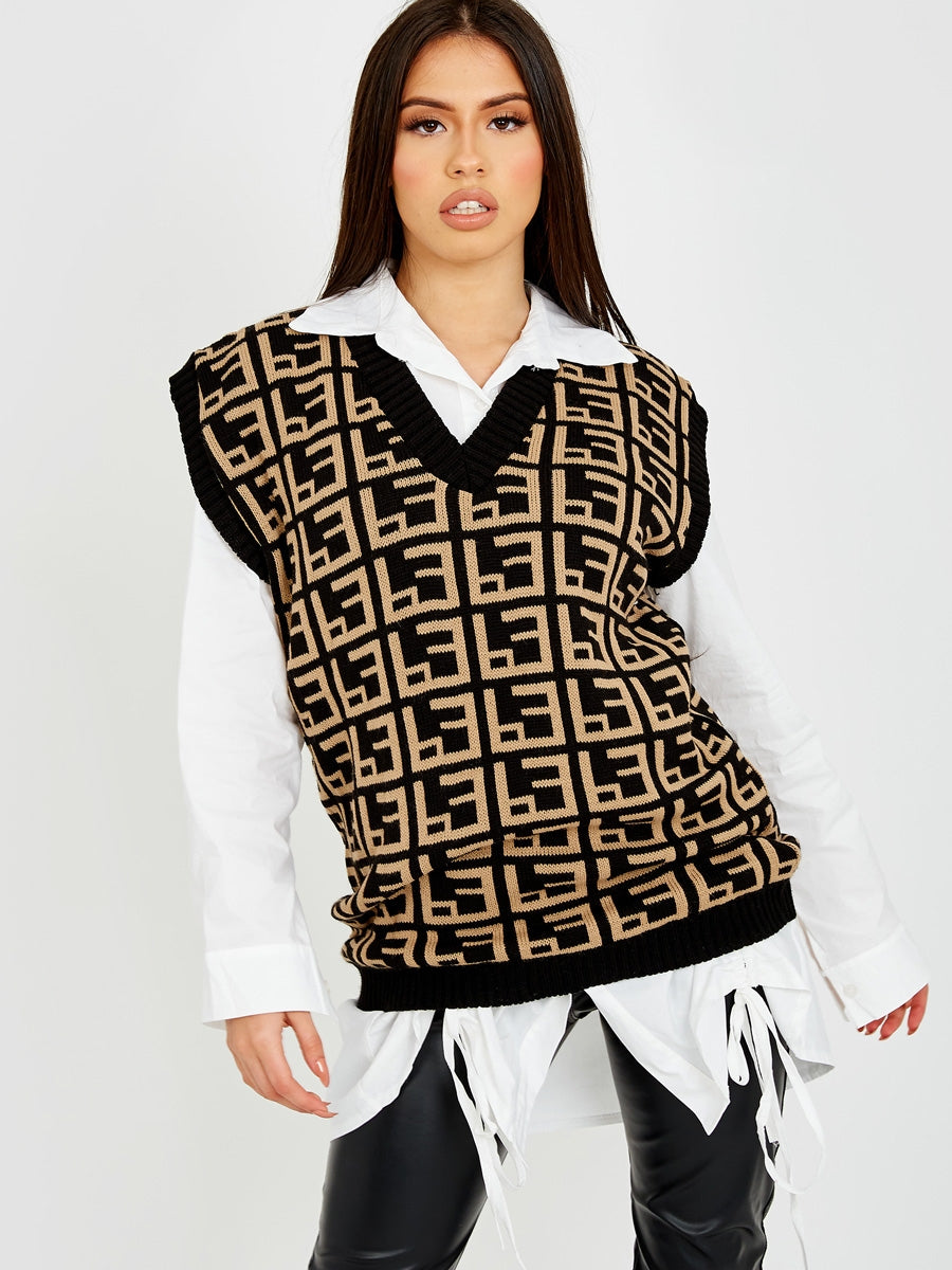 Geo Print V-Neck Sleeveless Knitted Jumper