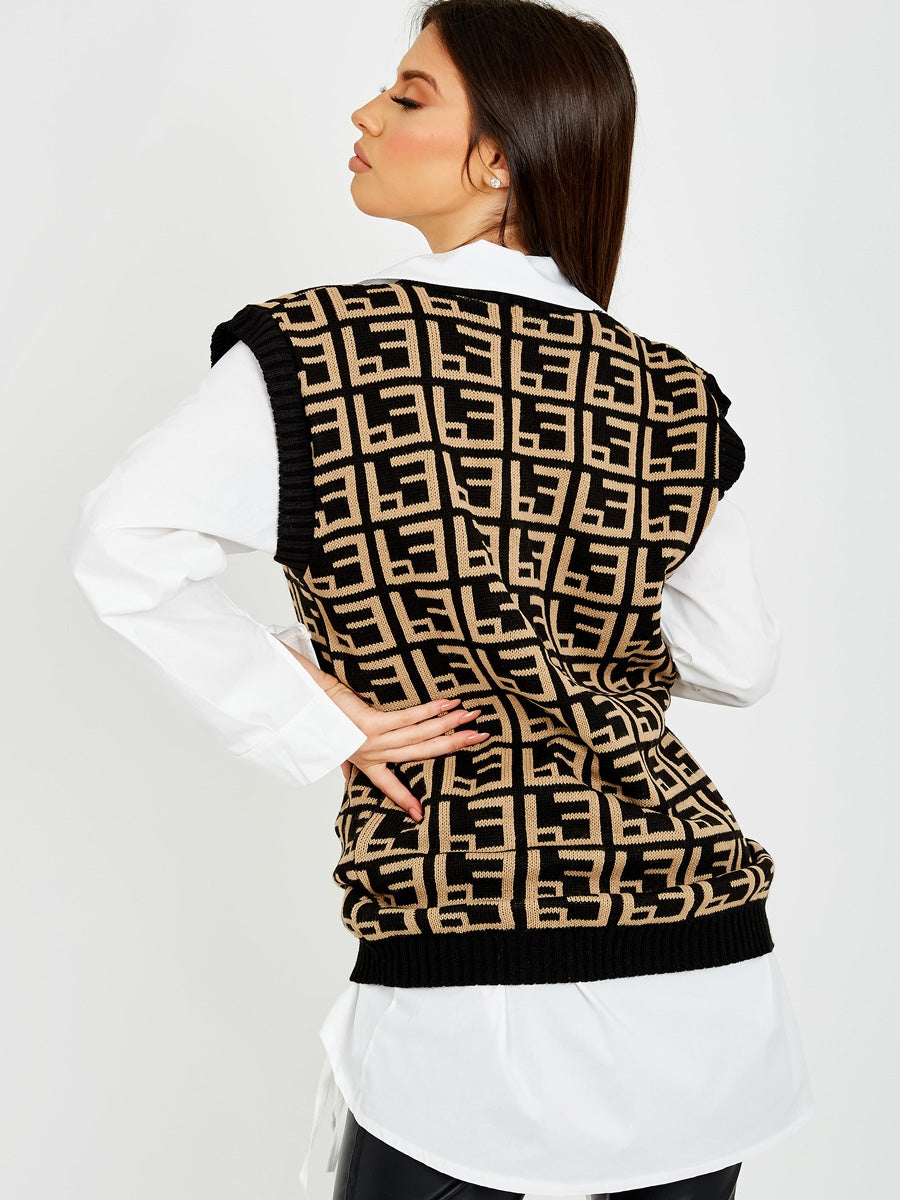 Geo Print V-Neck Sleeveless Knitted Jumper