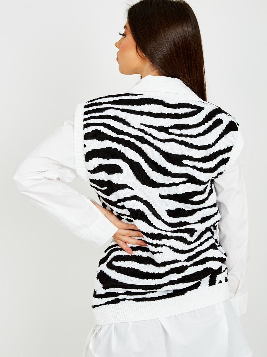 Zebra Print V-Neck Sleeveless Knitted Jumper