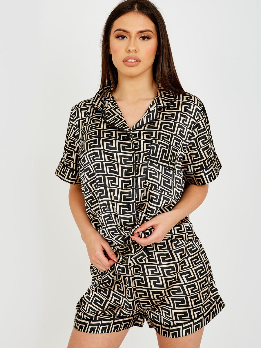 Zig Zag Print Satin Short PJ Set