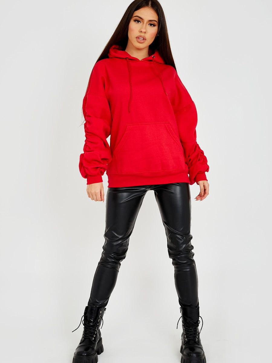 Ruched Sleeves Fleeced Hoodie