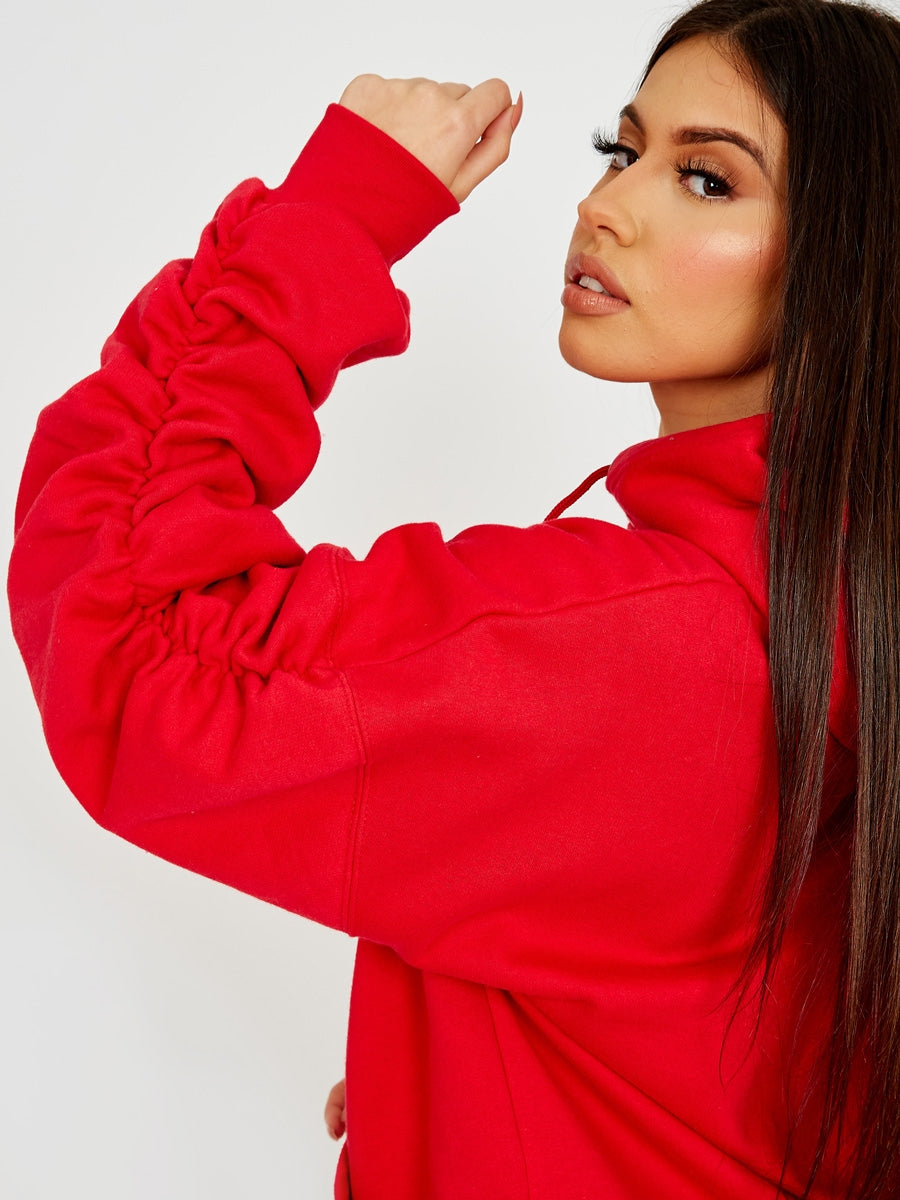 Ruched Sleeves Fleeced Hoodie