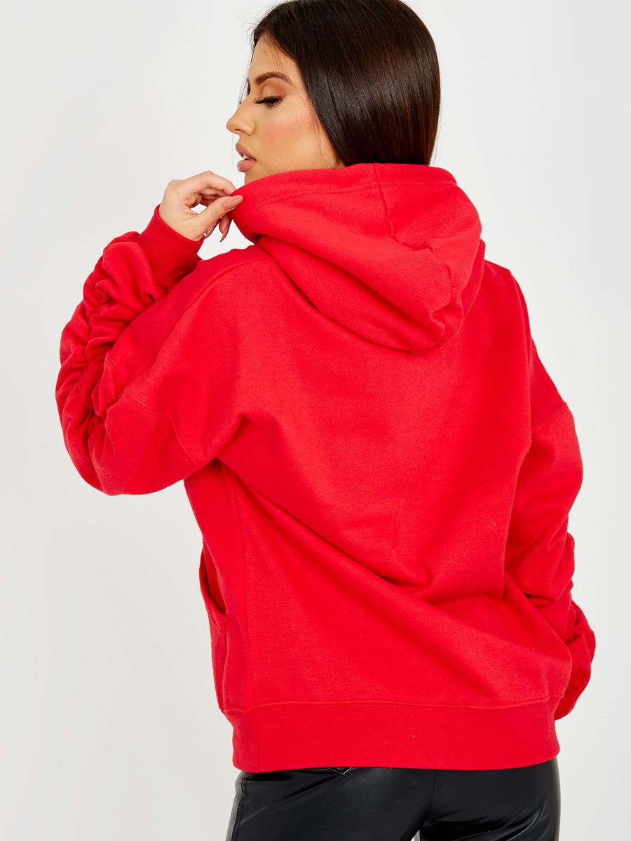Ruched Sleeves Fleeced Hoodie