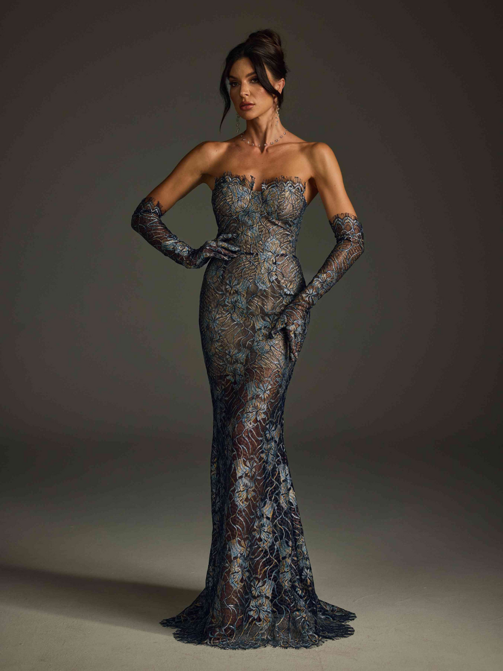 Javion Strapless Lace Floral Maxi Dress In Navy