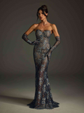 Javion Strapless Lace Floral Maxi Dress In Navy