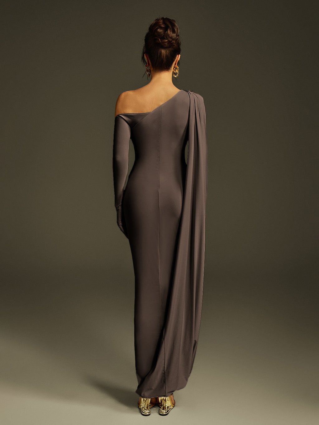 Jehiel One Shoulder Draped Maxi Dress In Brown