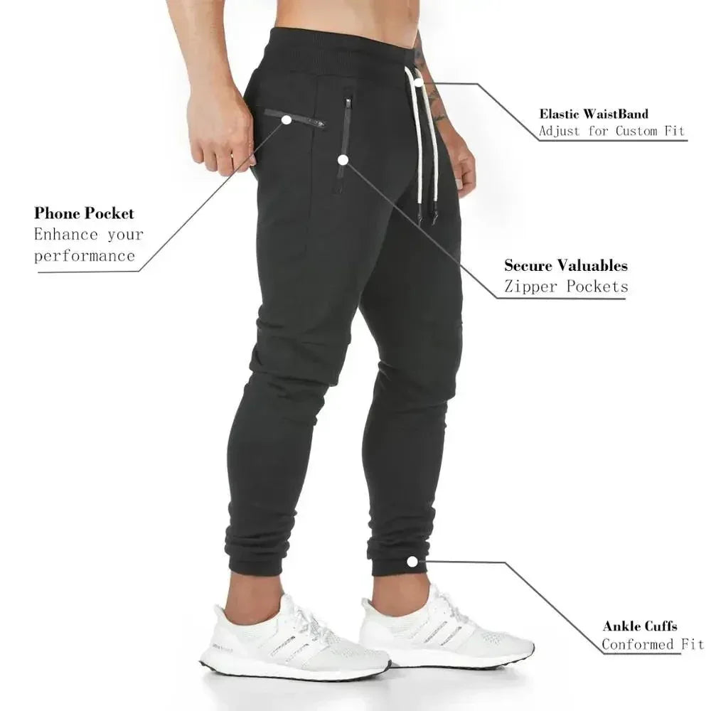 Jogger Pants, Gym Sweat Trousers Side Zipper Pockets Slim Fit  Trousers for Men