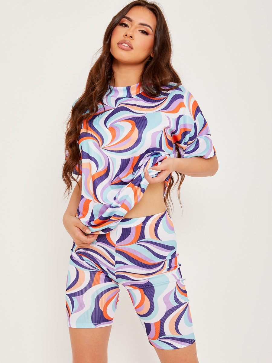 Abstract Print Ribbed Oversized Top & Shorts Co-ord