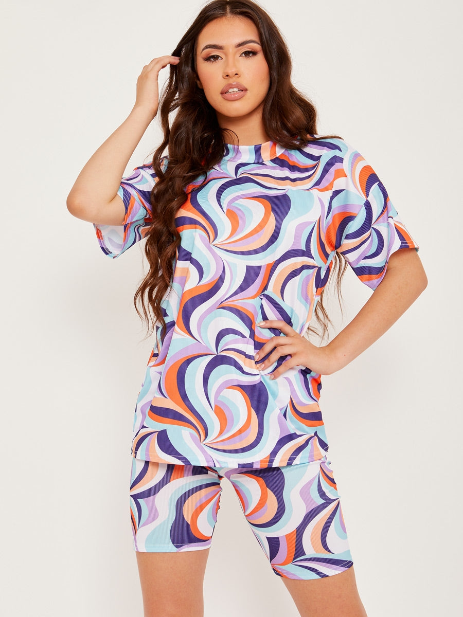 Abstract Print Ribbed Oversized Top & Shorts Co-ord