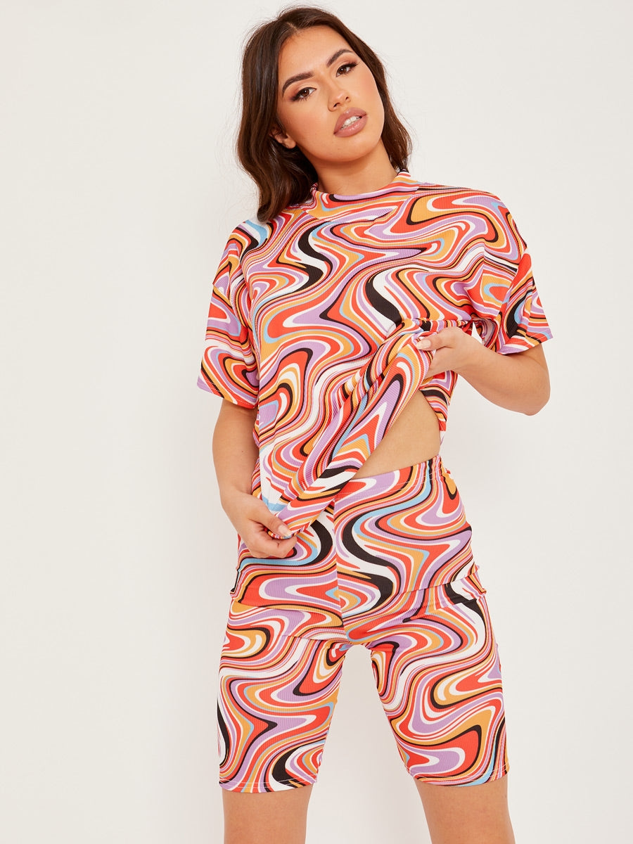 Marble Print Ribbed Oversized Top & Shorts Co-ord