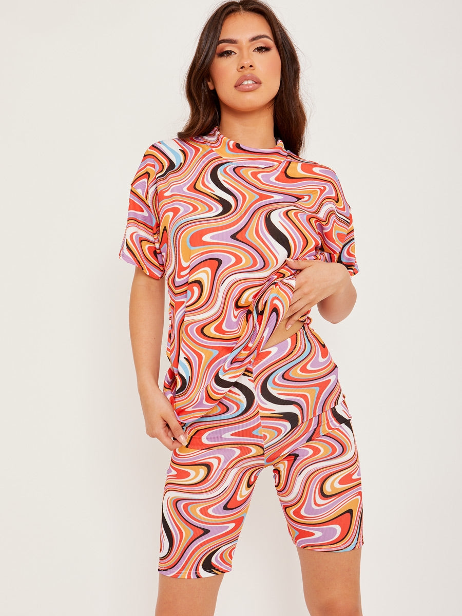 Marble Print Ribbed Oversized Top & Shorts Co-ord