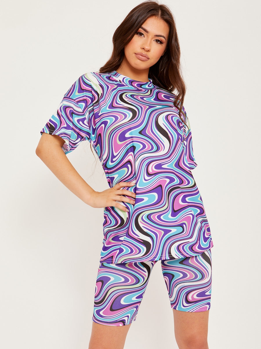 Marble Print Ribbed Oversized Top & Shorts Co-ord