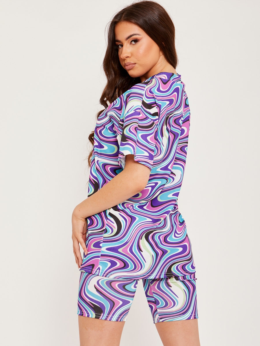 Marble Print Ribbed Oversized Top & Shorts Co-ord