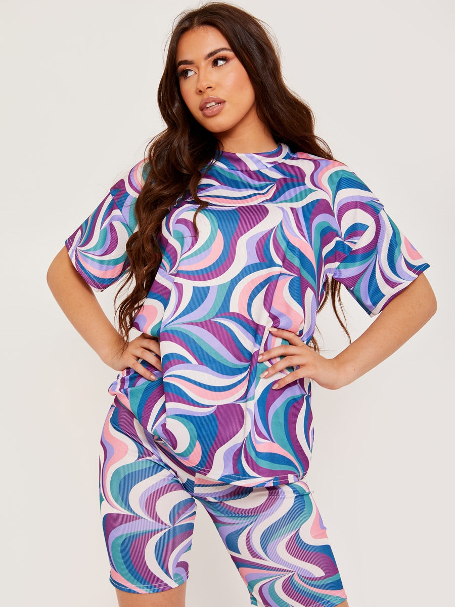 Abstract Print Ribbed Oversized Top & Shorts Co-ord