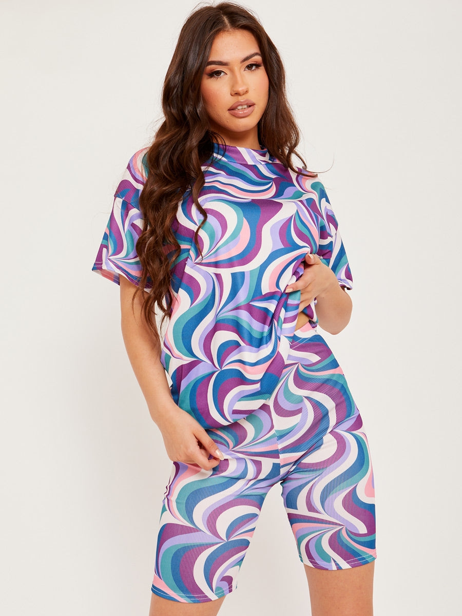 Abstract Print Ribbed Oversized Top & Shorts Co-ord