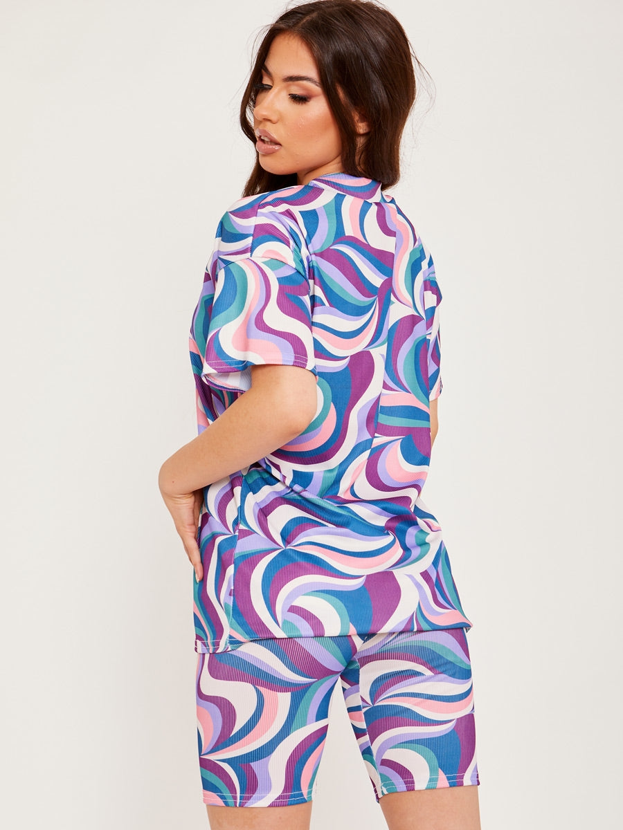 Abstract Print Ribbed Oversized Top & Shorts Co-ord