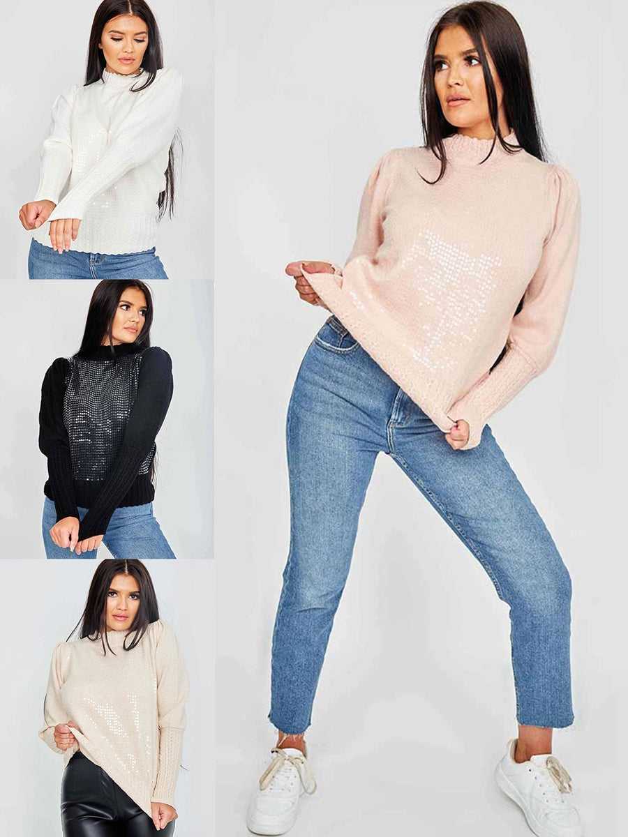 Balloon Sleeve Sequinned High Neck Jumper Multi Pack
