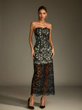 Kabibe Strapless Flower Embroidered Midi Dress