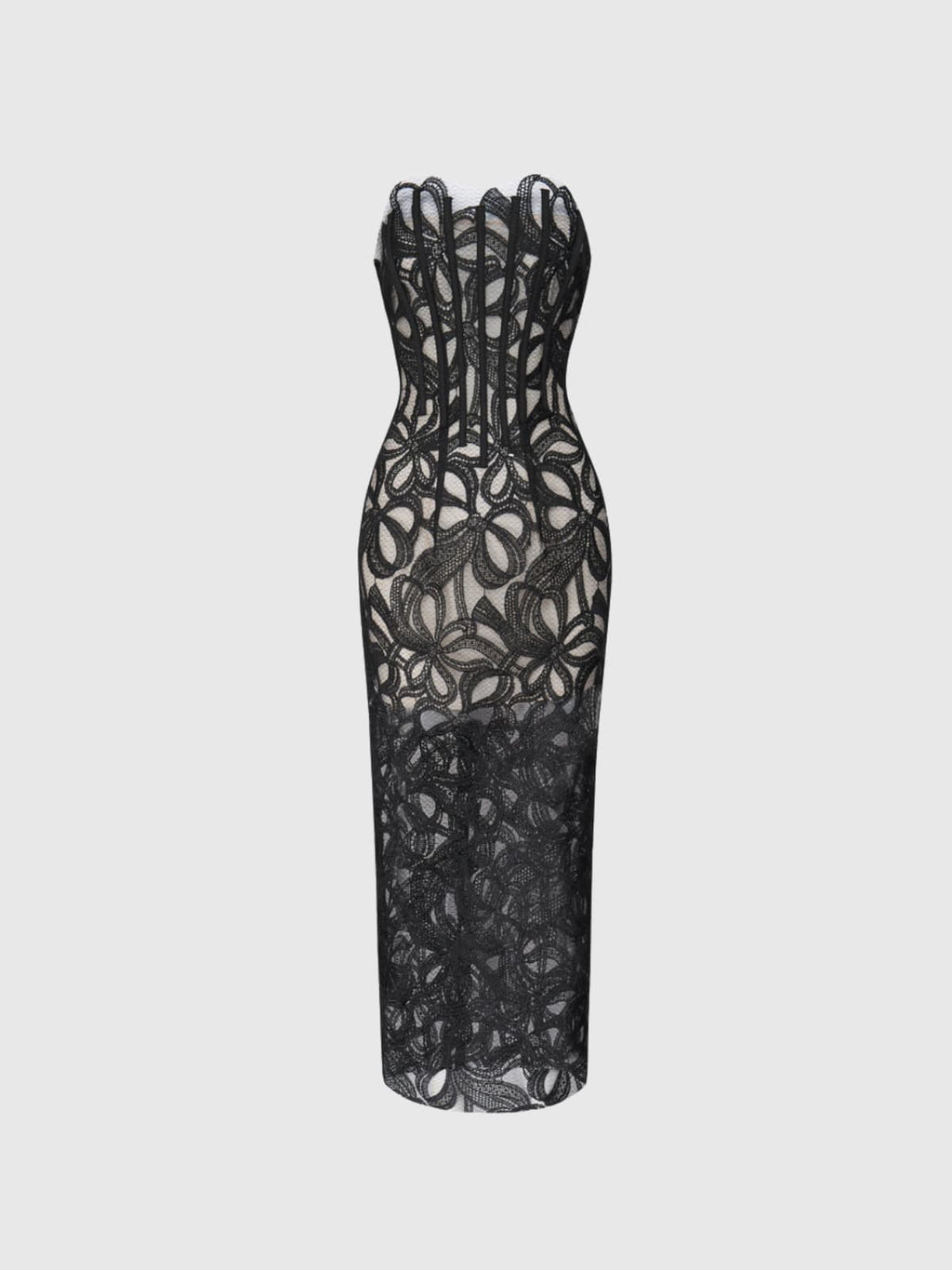 Kabibe Strapless Flower Embroidered Midi Dress