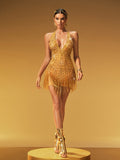 Kaldrex Plunge Neck Crystal Chain Fringe Mini Dress