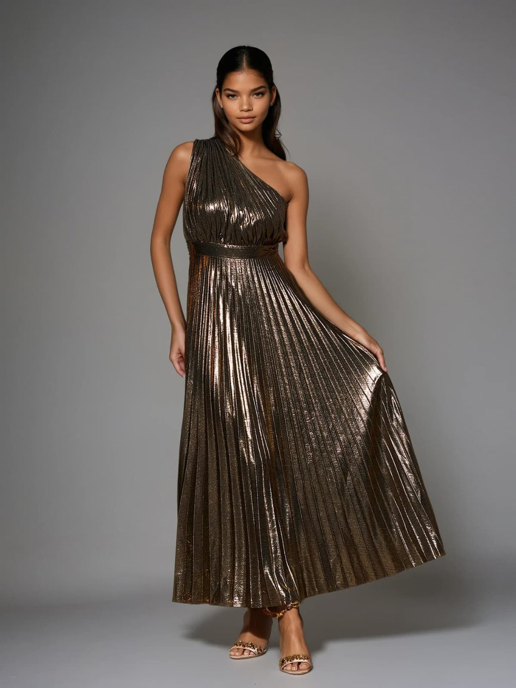 Kaleen One Shoulder Metallic Maxi Dress In Gold