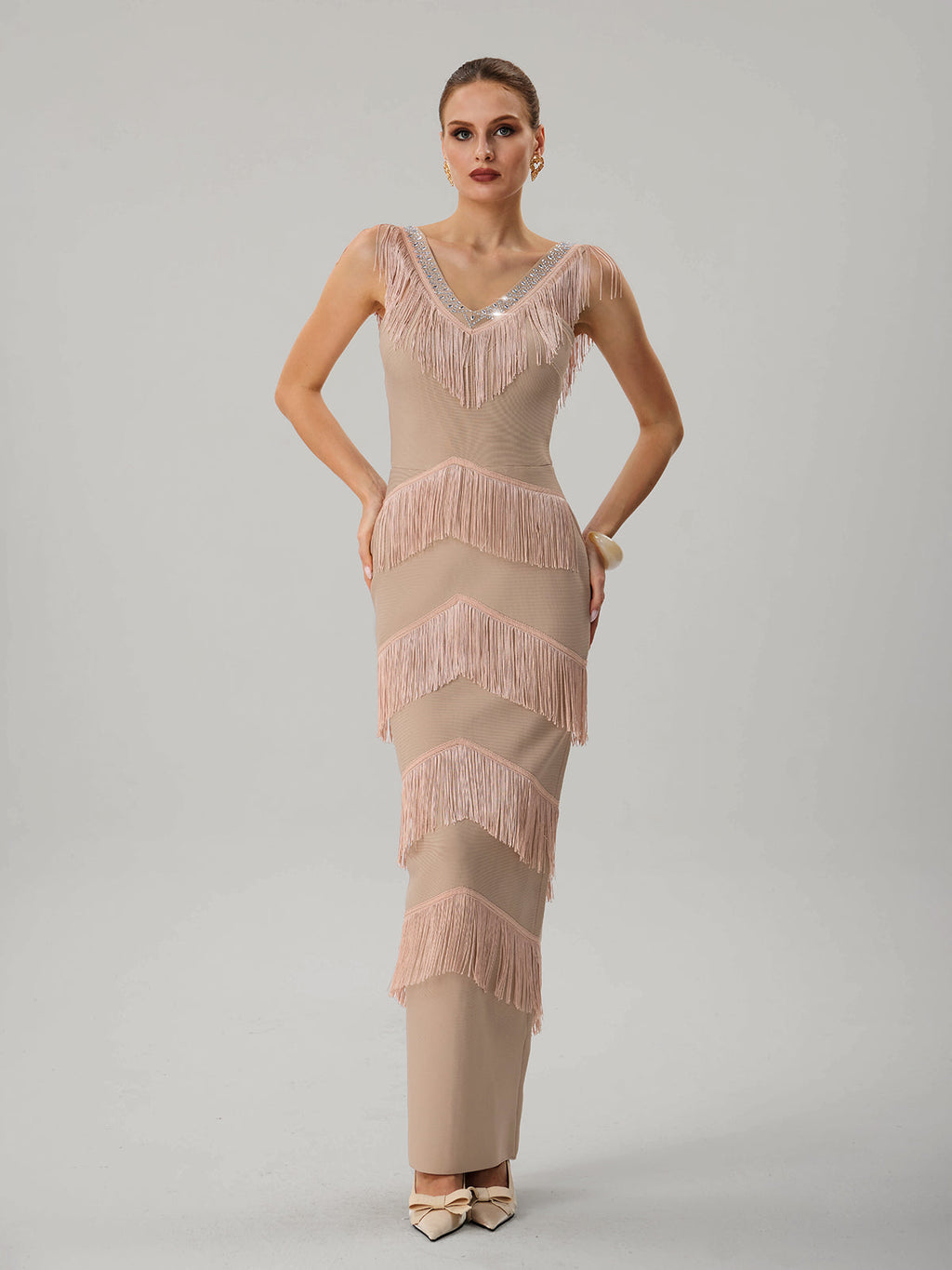 Kaleidrix V Neck Fringe Split Bandage Maxi Dress