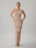 Kaleidrix V Neck Fringe Split Bandage Maxi Dress