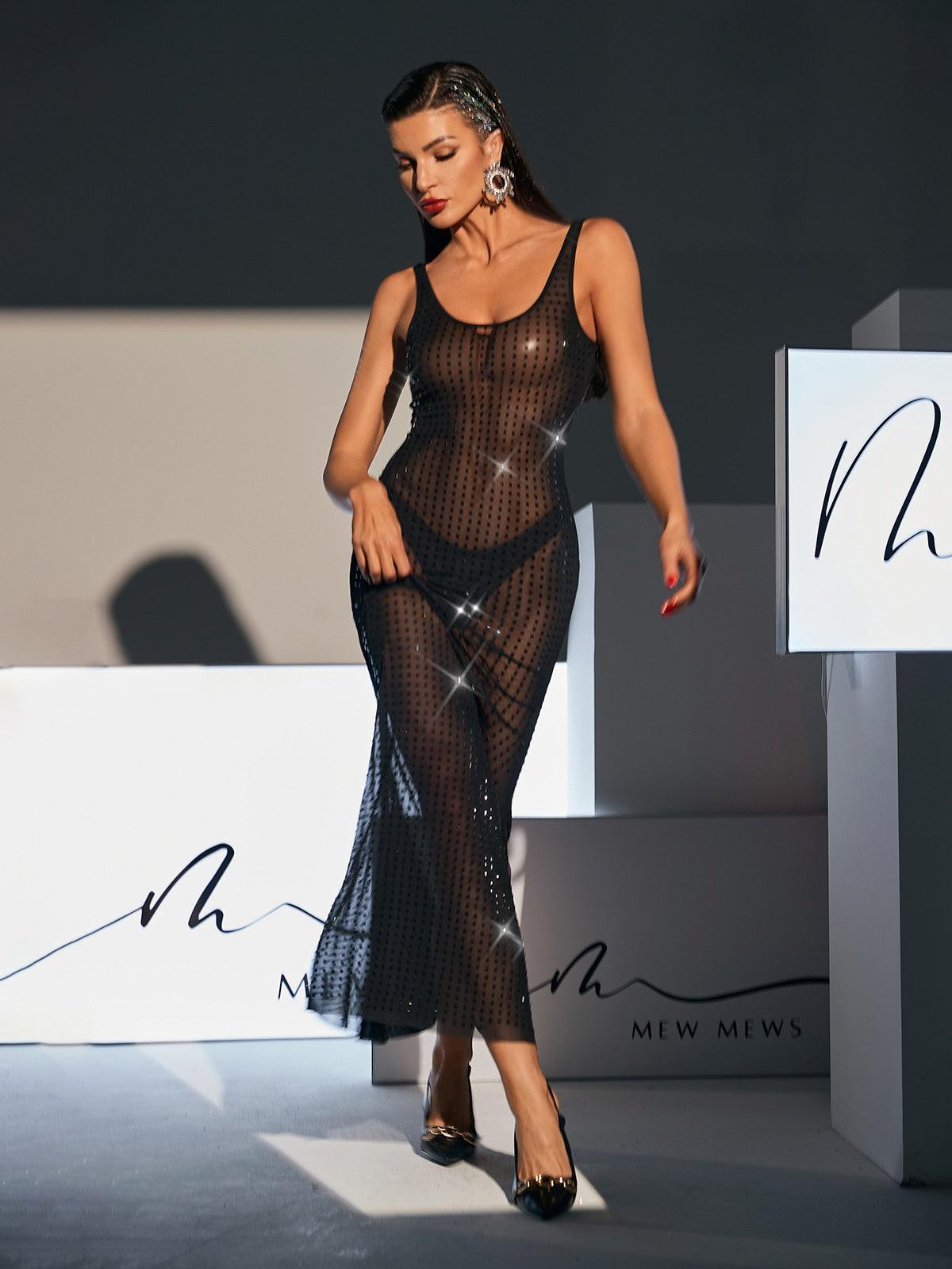 Karter Backless Embellished Mesh Maxi Dress In Black