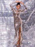 Kellan Long Sleeve Embellished Split Maxi Dress In Silver
