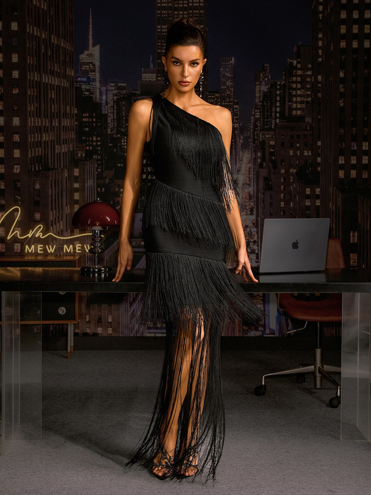 Kreutzix One Shoulder Fringe Bandage Maxi Dress