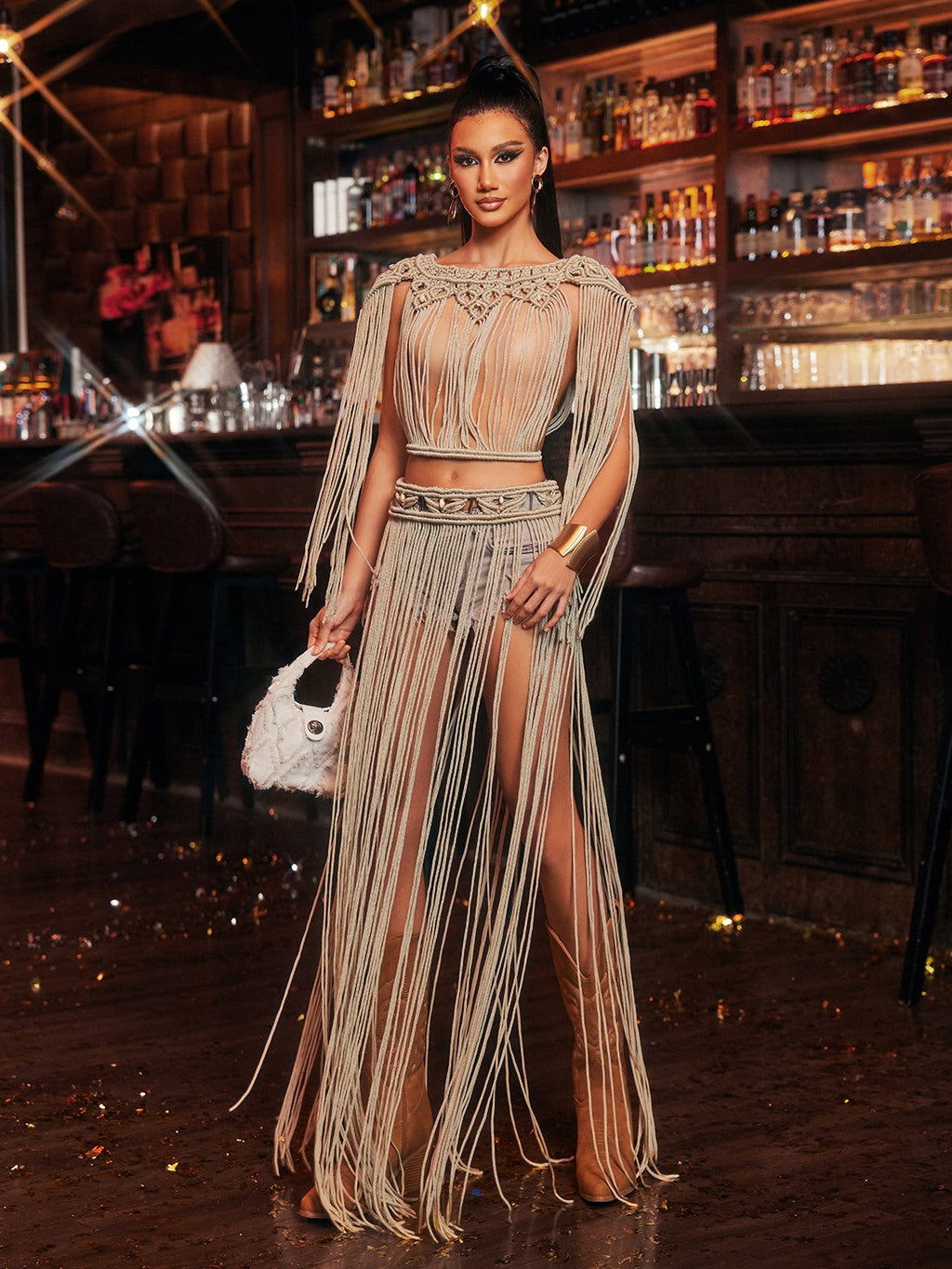 Kryxalis Fringe Knitted Cover Up Skirt Set