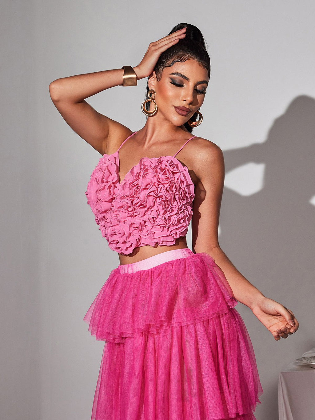 Laurelin Spaghetti Heart Ruffle Top In Pink