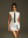 Lazaro Folded Collar Bow Mini Dress