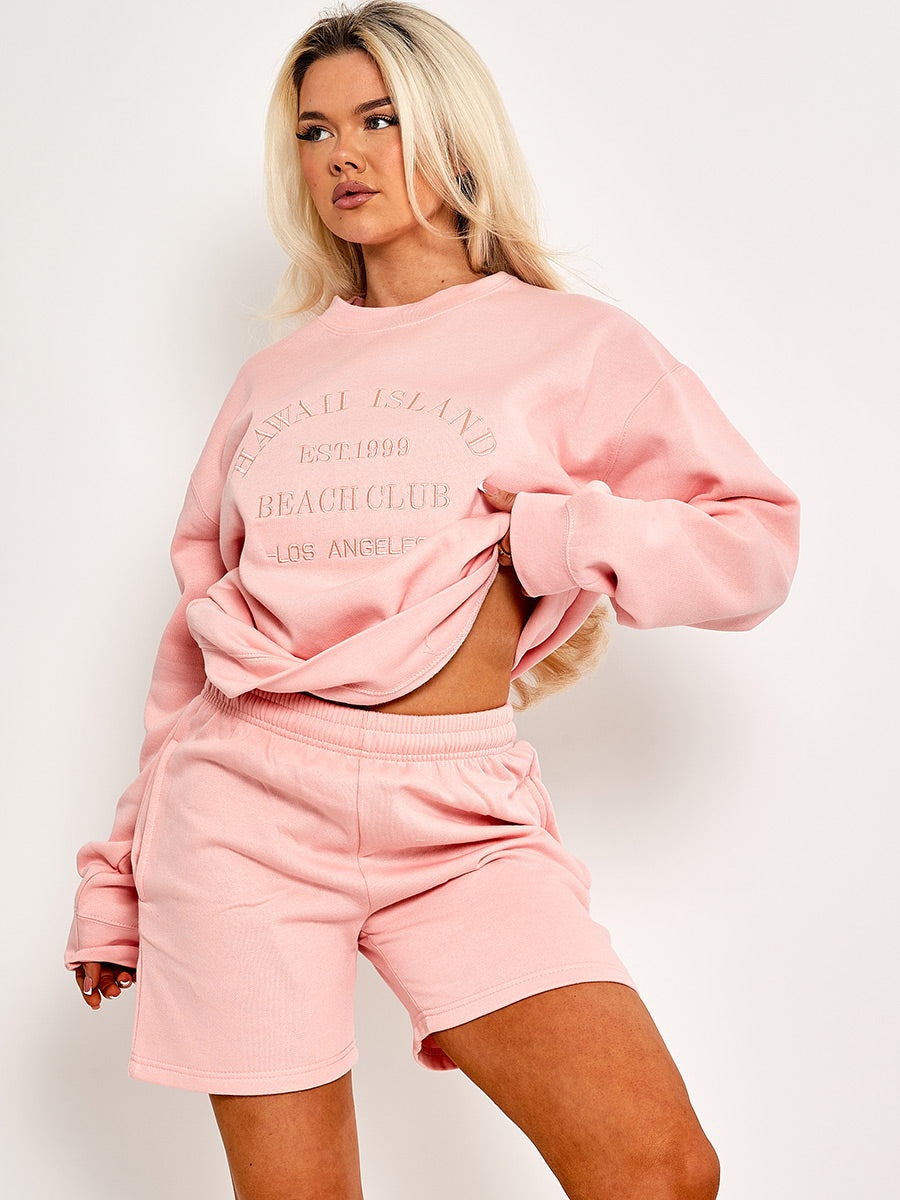 Embroidered Hawaii Island Sweatshirt & Shorts Fleece Co-ord