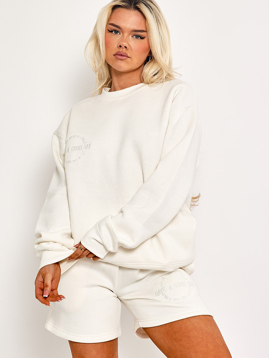 Embroidered Good Day Sweatshirt & Shorts Fleece Co-ord