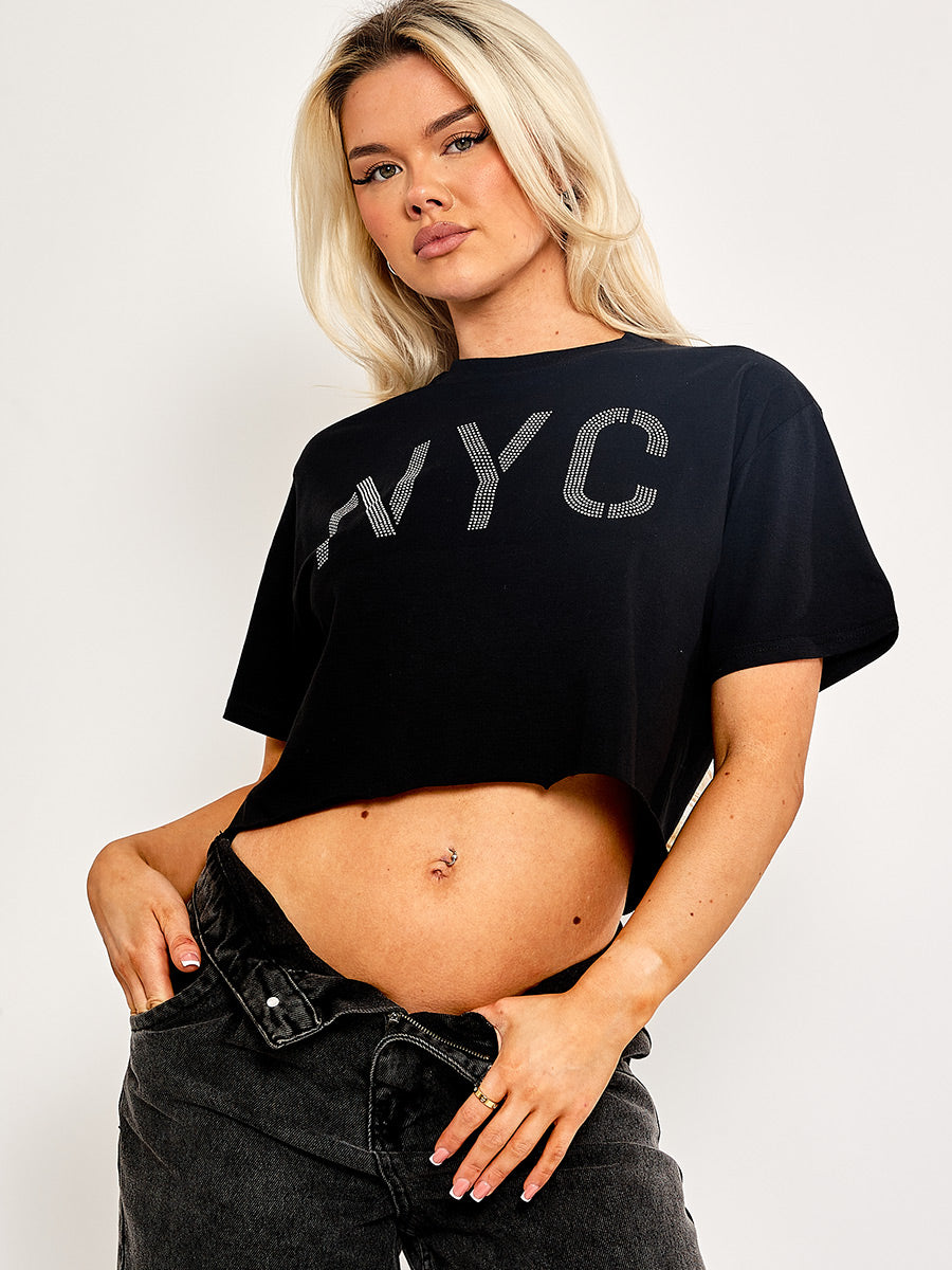 Oversized Rhinestone NYC Crop Top