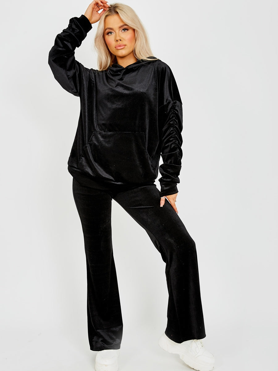 Velour Ruched Sleeve Hoodie & Flared Trouser Co-ord