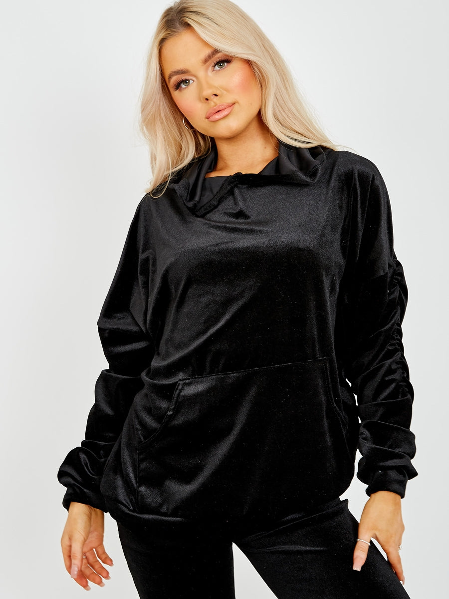 Velour Ruched Sleeve Hoodie & Flared Trouser Co-ord