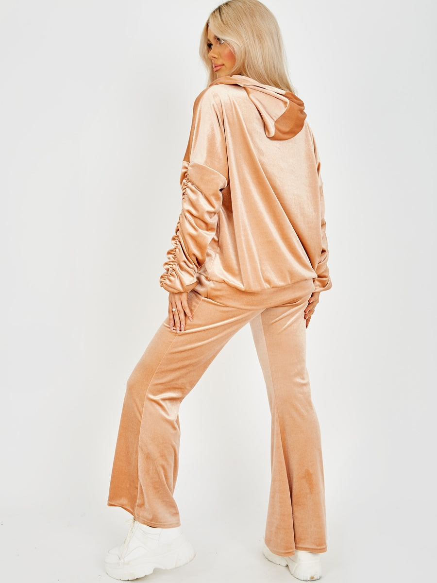 Velour Ruched Sleeve Hoodie & Flared Trouser Co-ord