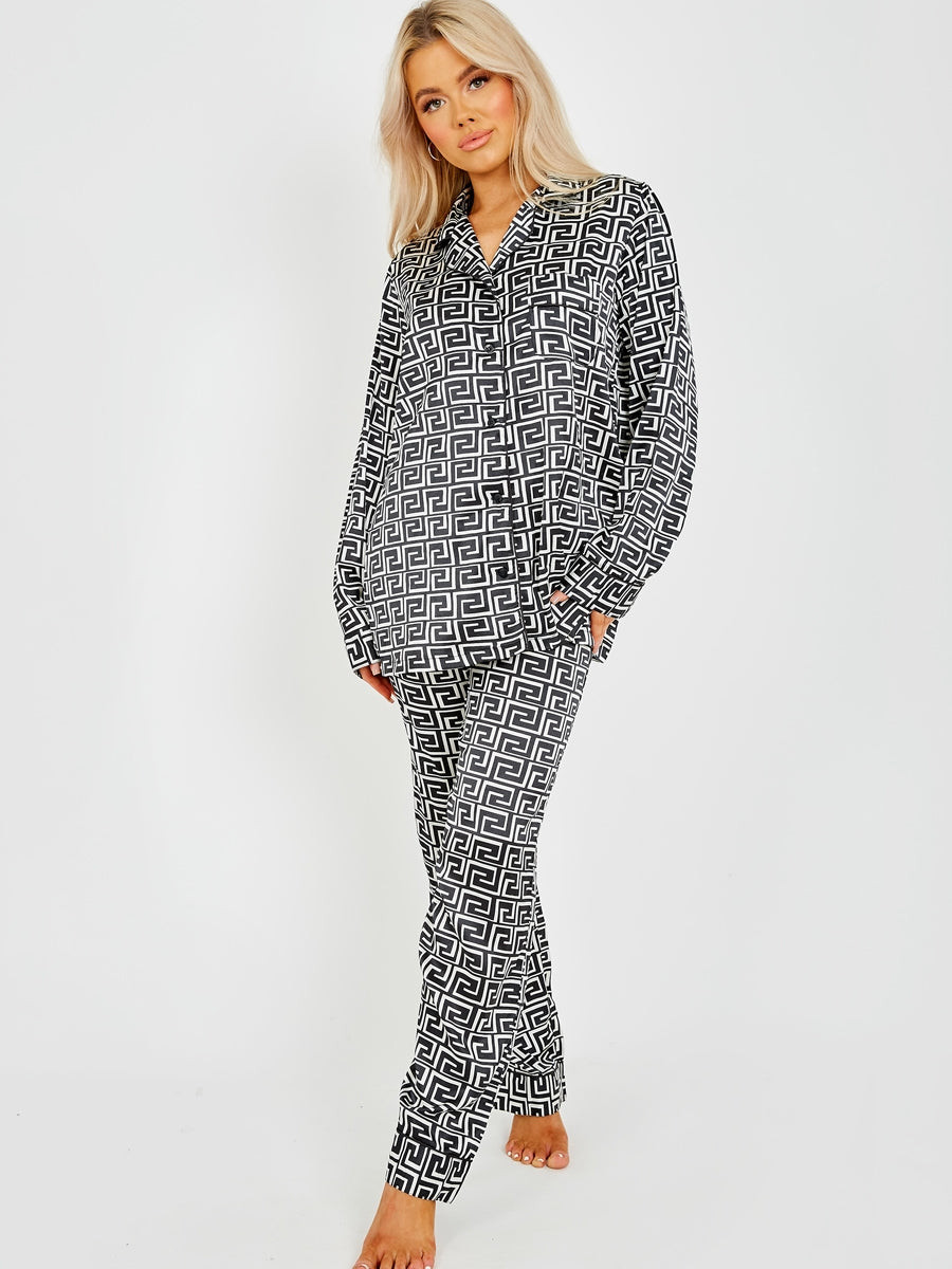 Zig Zag Print Satin Long PJ Set